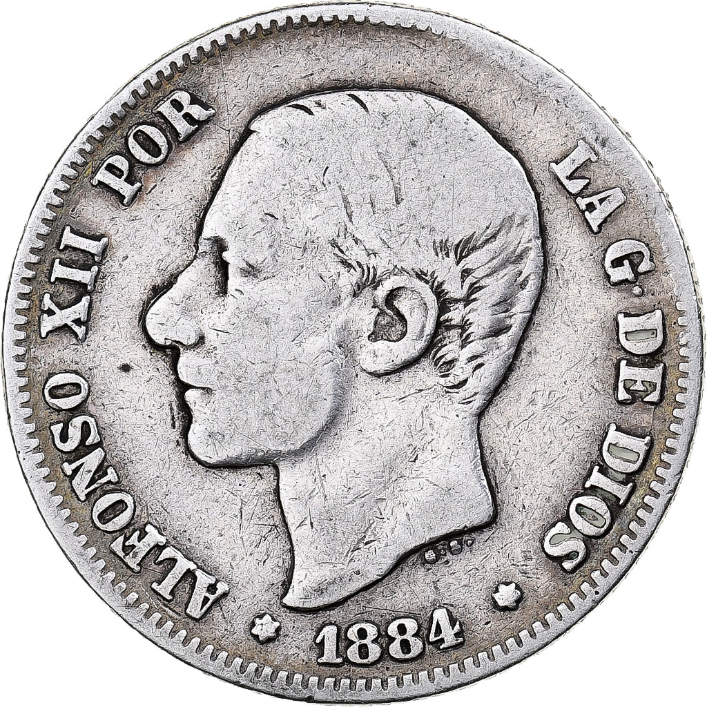 Coin, Spain, Alfonso XII, 2 Pesetas, 1884, Madrid, VF(30-35), Silver, KM:678.2