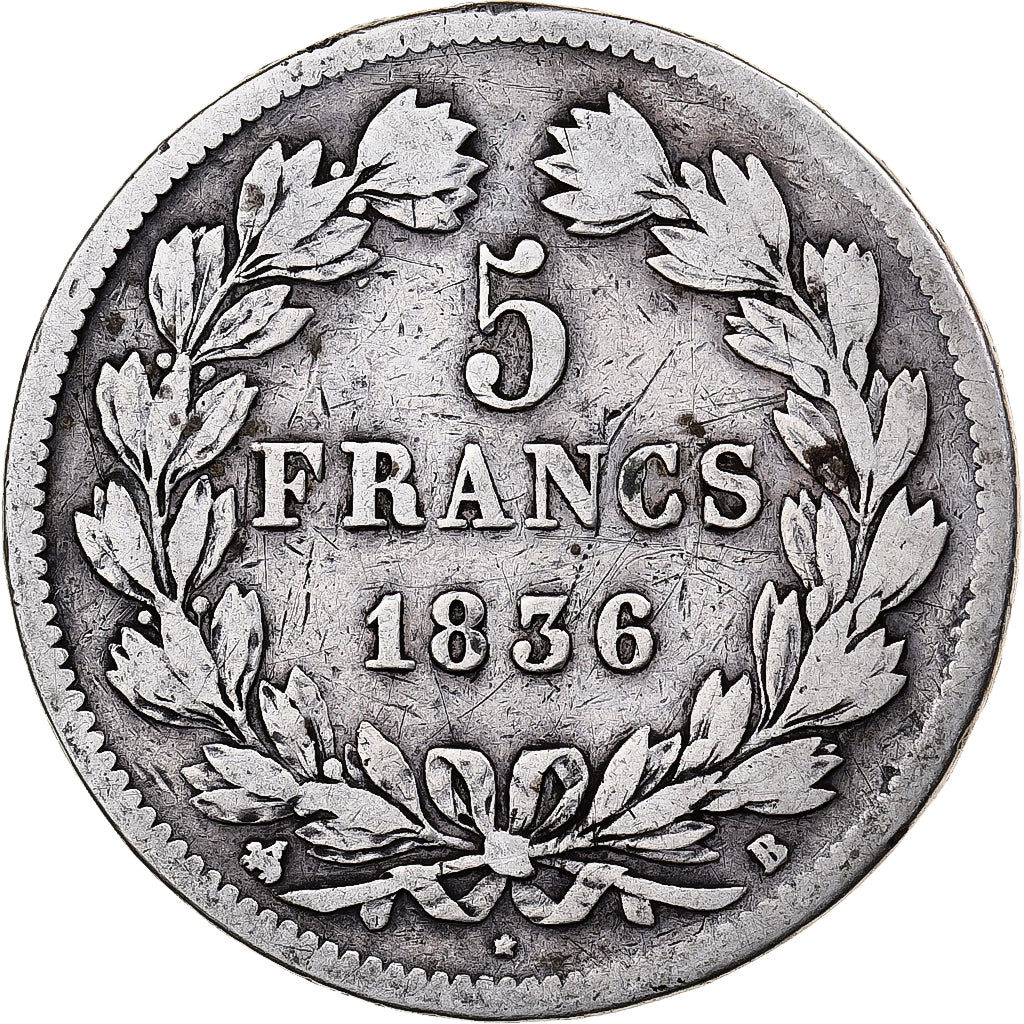Moneta, Francia, Louis-Philippe, 5 Francs, 1836, Rouen, MB+, Argento, KM:749.2