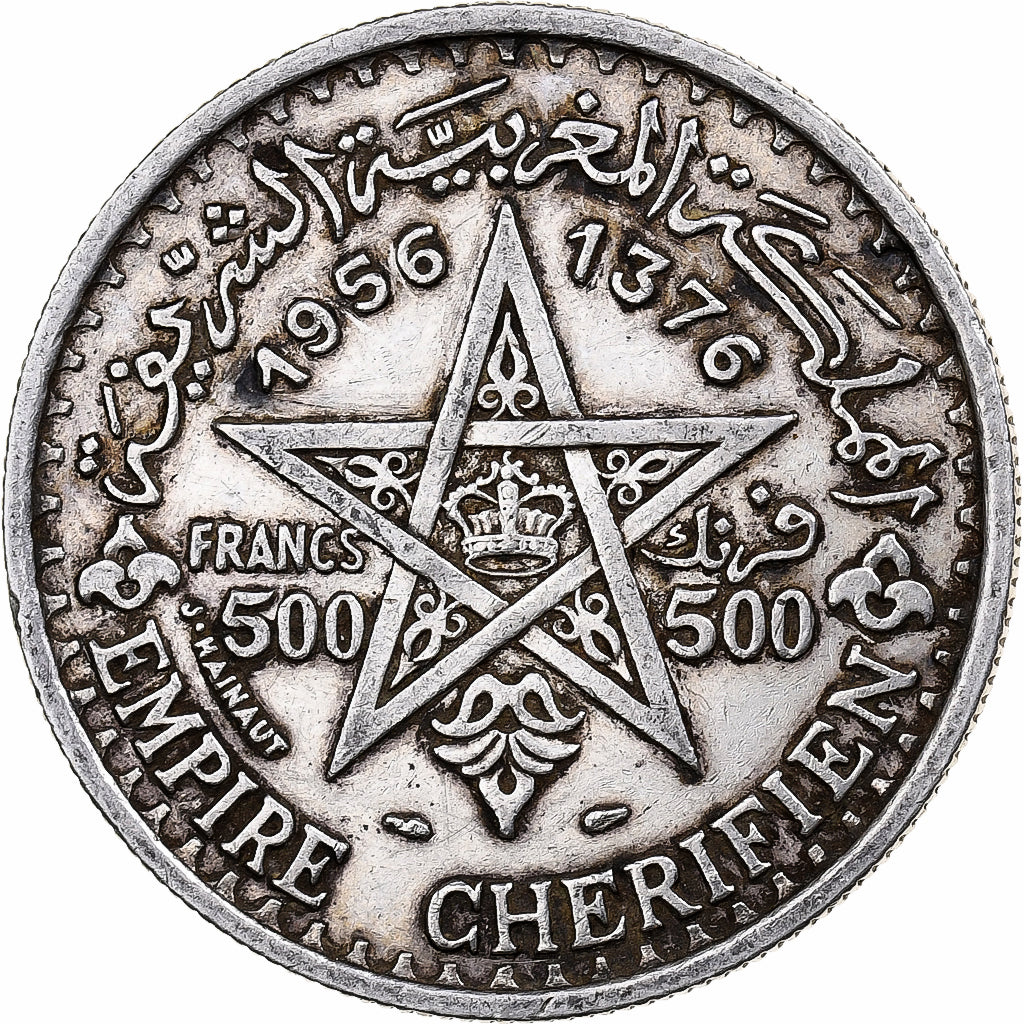 Morocco, Mohammed V, 500 Francs, 1956, Paris, Silver, EF(40-45), KM:54