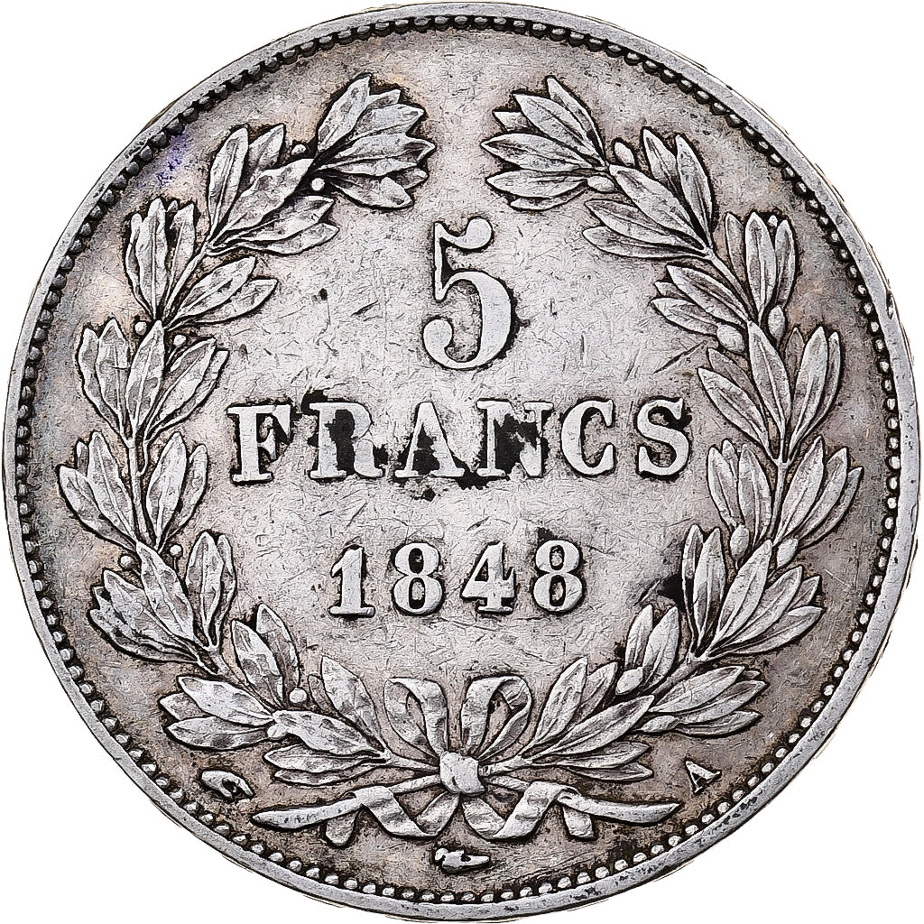 Moneda, Francia, Louis-Philippe, 5 Francs, 1848, Paris, MBC, Plata, KM:749.1