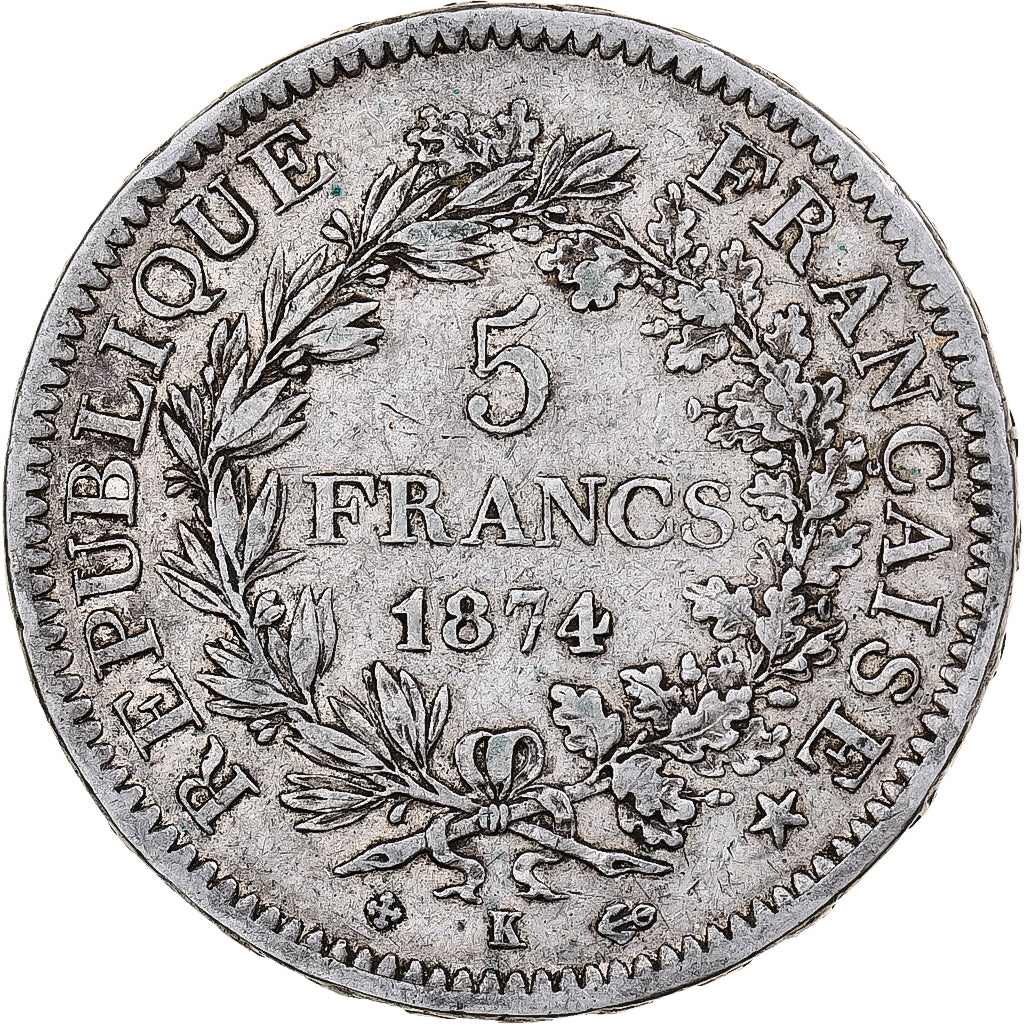 Moneta, Francia, Hercule, 5 Francs, 1874, Bordeaux, MB+, Argento, KM:820.2