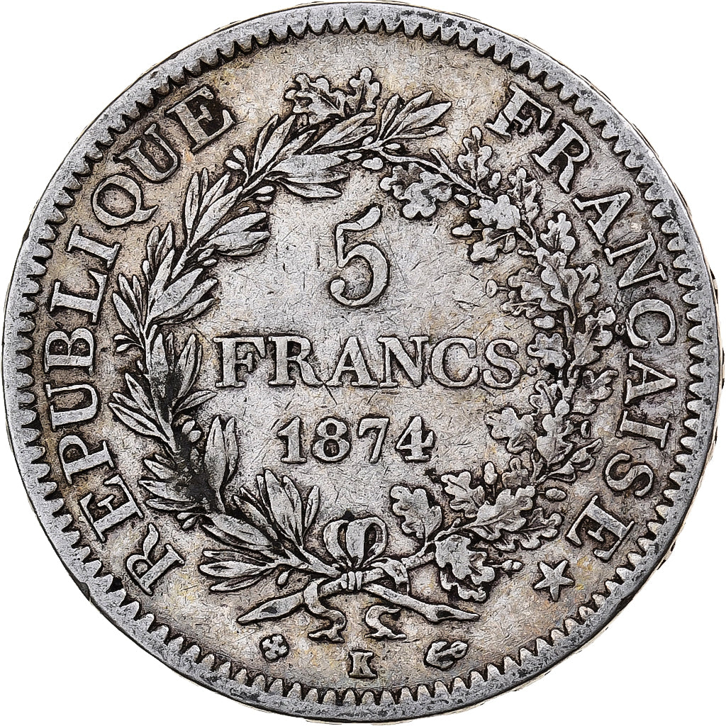 Moneta, Francia, Hercule, 5 Francs, 1874, Bordeaux, MB+, Argento, KM:820.2