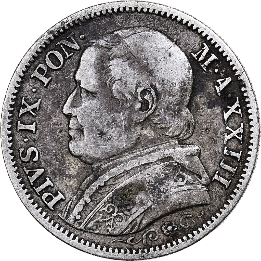 ITALIAN STATES, Lira, 1868, Roma, KM #1387, EF(40-45), Silver, 4.94