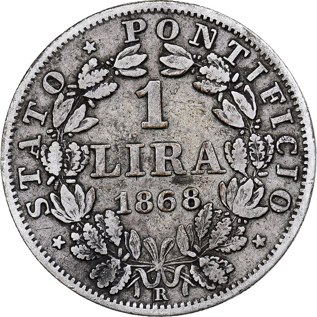ITALIAN STATES, Lira, 1868, Roma, KM #1387, EF(40-45), Silver, 4.94