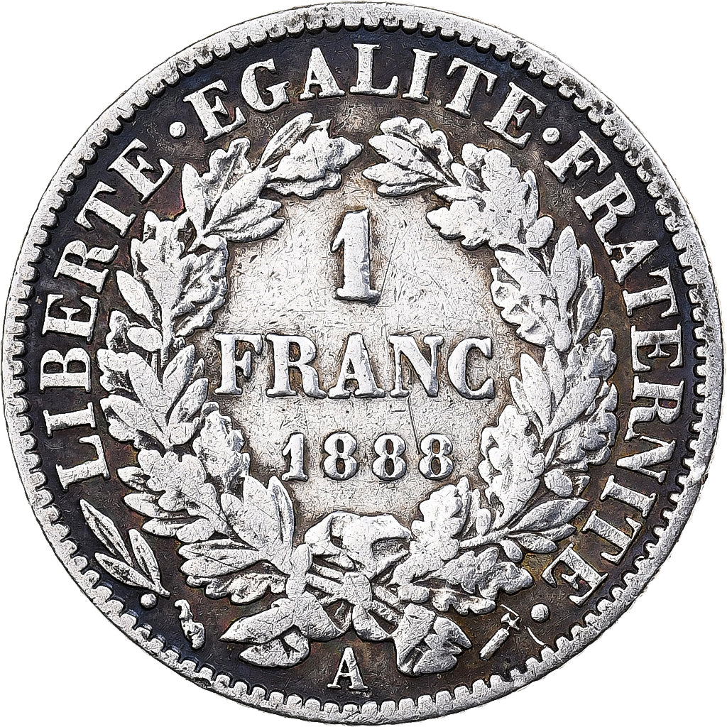França, 1 Franc, 1888, Paris, Prata, VF(30-35), Gadoury:465a, KM:822.1