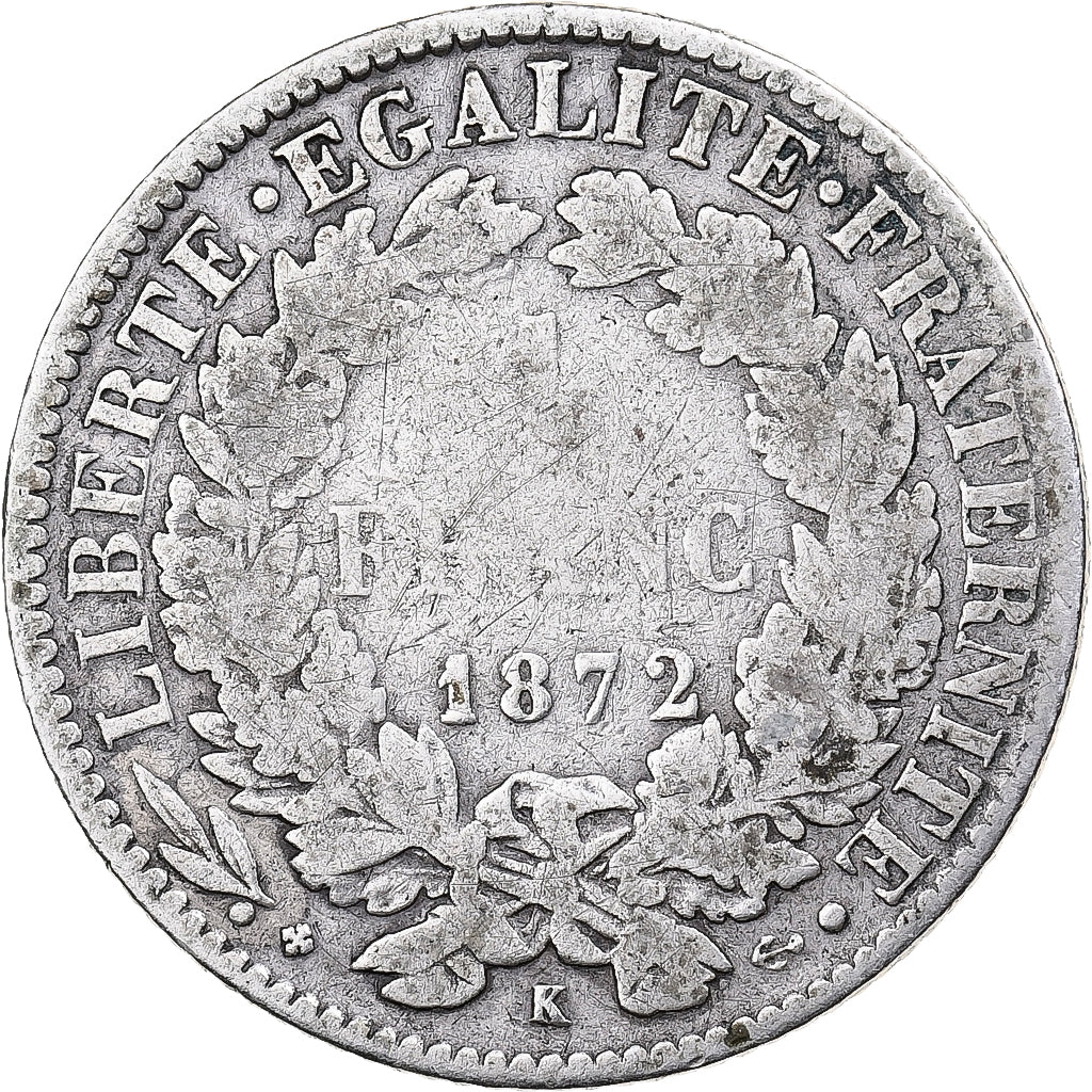 Moeda, França, Cérès, Franc, 1872, Bordeaux, F(12-15), Prata, KM:822.2