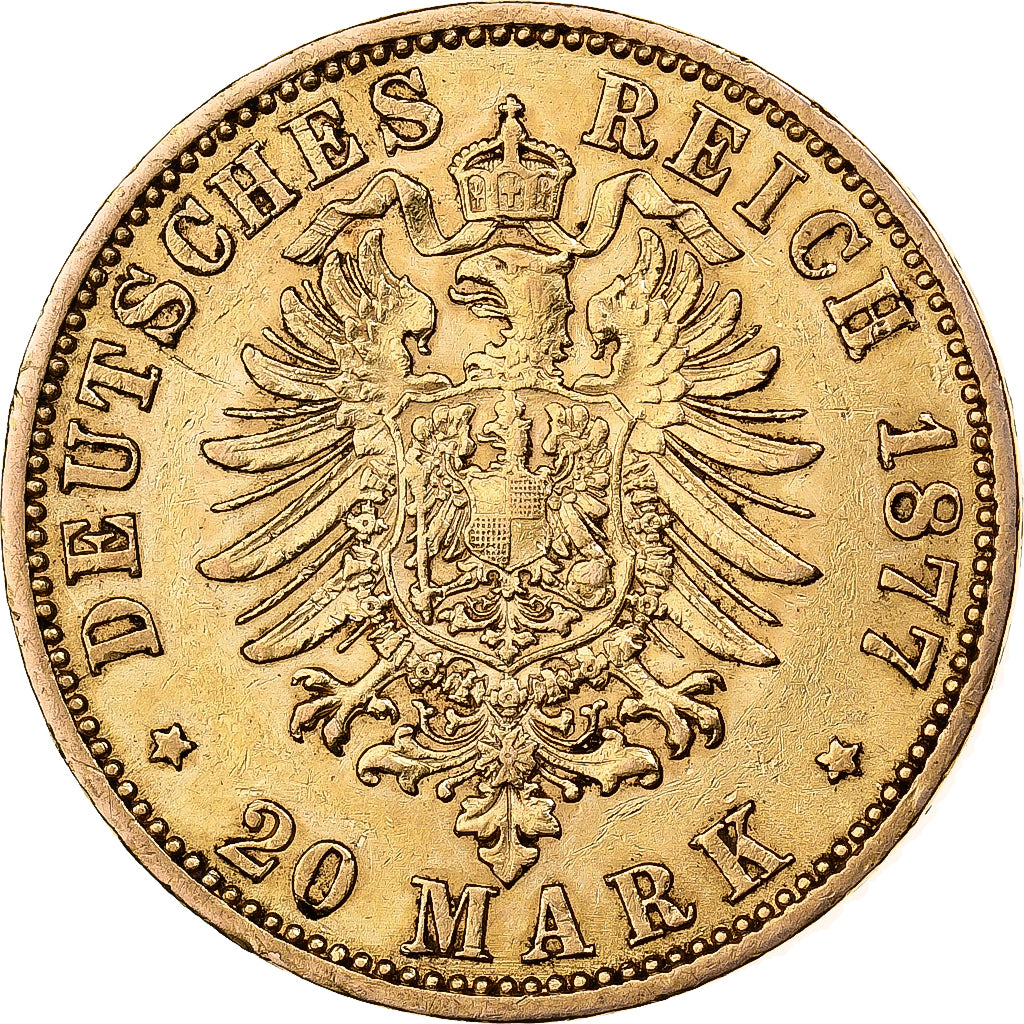 Moneda, Estados alemanes, PRUSSIA, Wilhelm I, 20 Mark, 1877, Berlin, MBC+, Oro