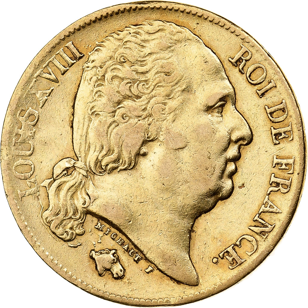 Francja, Louis XVIII, 20 Francs, 1819, Paris, Złoto, EF(40-45), Gadoury:1028