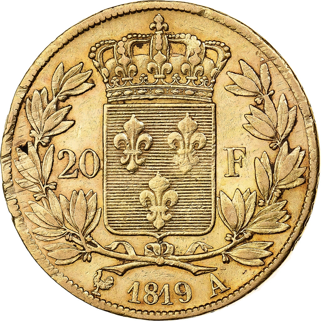 Francja, Louis XVIII, 20 Francs, 1819, Paris, Złoto, EF(40-45), Gadoury:1028