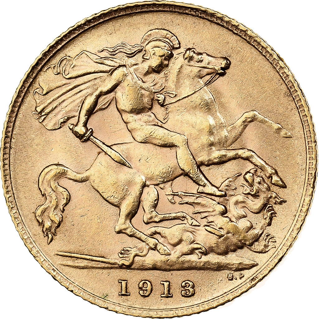 GREAT BRITAIN, 1/2 Sovereign, 1913, KM #819, AU(55-58), Gold, 3.99