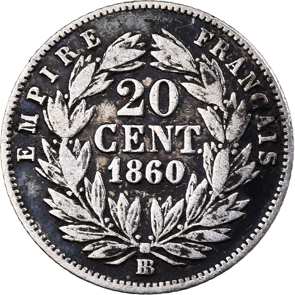 França, Napoleon III, 20 Centimes, Napoléon III, 1860, Strasbourg, Prata