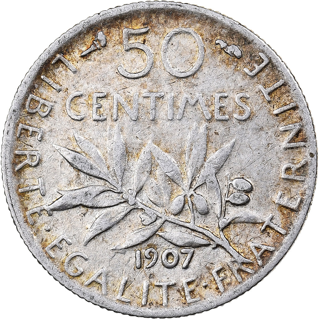 Moneta, Francja, Semeuse, 50 Centimes, 1907, Paris, VF(30-35), Srebro, KM:854