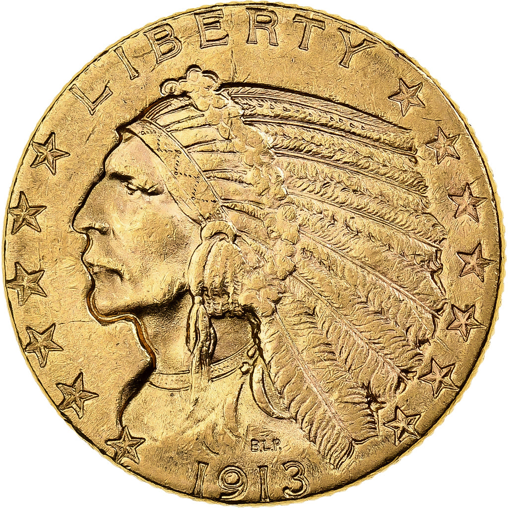 United States, $5, Half Eagle, Indian Head, 1913, Philadelphia, Gold, AU(50-53)