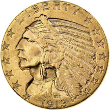 United States, $5, Half Eagle, Indian Head, 1913, Philadelphia, Gold, AU(50-53)