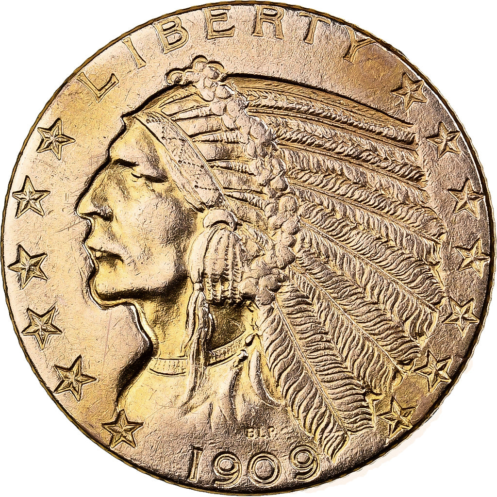 USA, 5 Dollars, Indian Head, 1909, Denver, Złoto, AU(50-53), KM:129