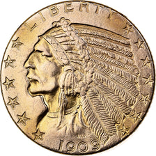 USA, 5 Dollars, Indian Head, 1909, Denver, Złoto, AU(50-53), KM:129