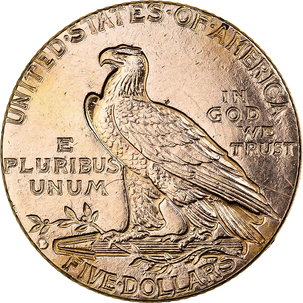 USA, 5 Dollars, Indian Head, 1909, Denver, Złoto, AU(50-53), KM:129