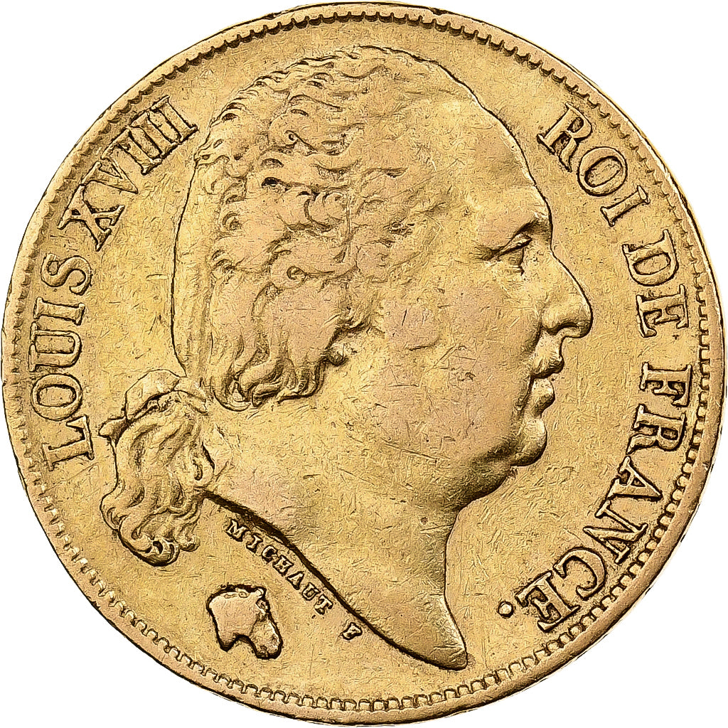 Louis XVIII, 20 Francs Or au buste nu 1824 A, KM 712.1