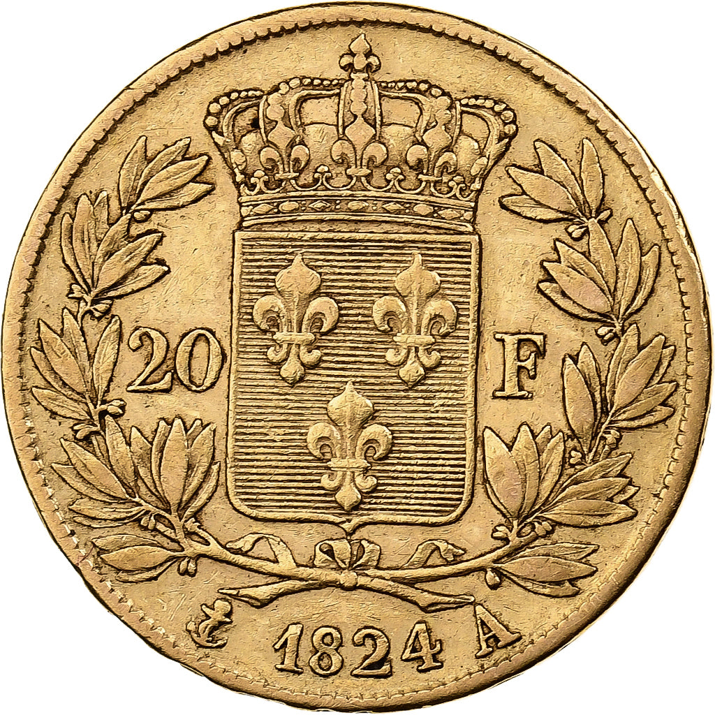 Louis XVIII, 20 Francs Or au buste nu 1824 A, KM 712.1