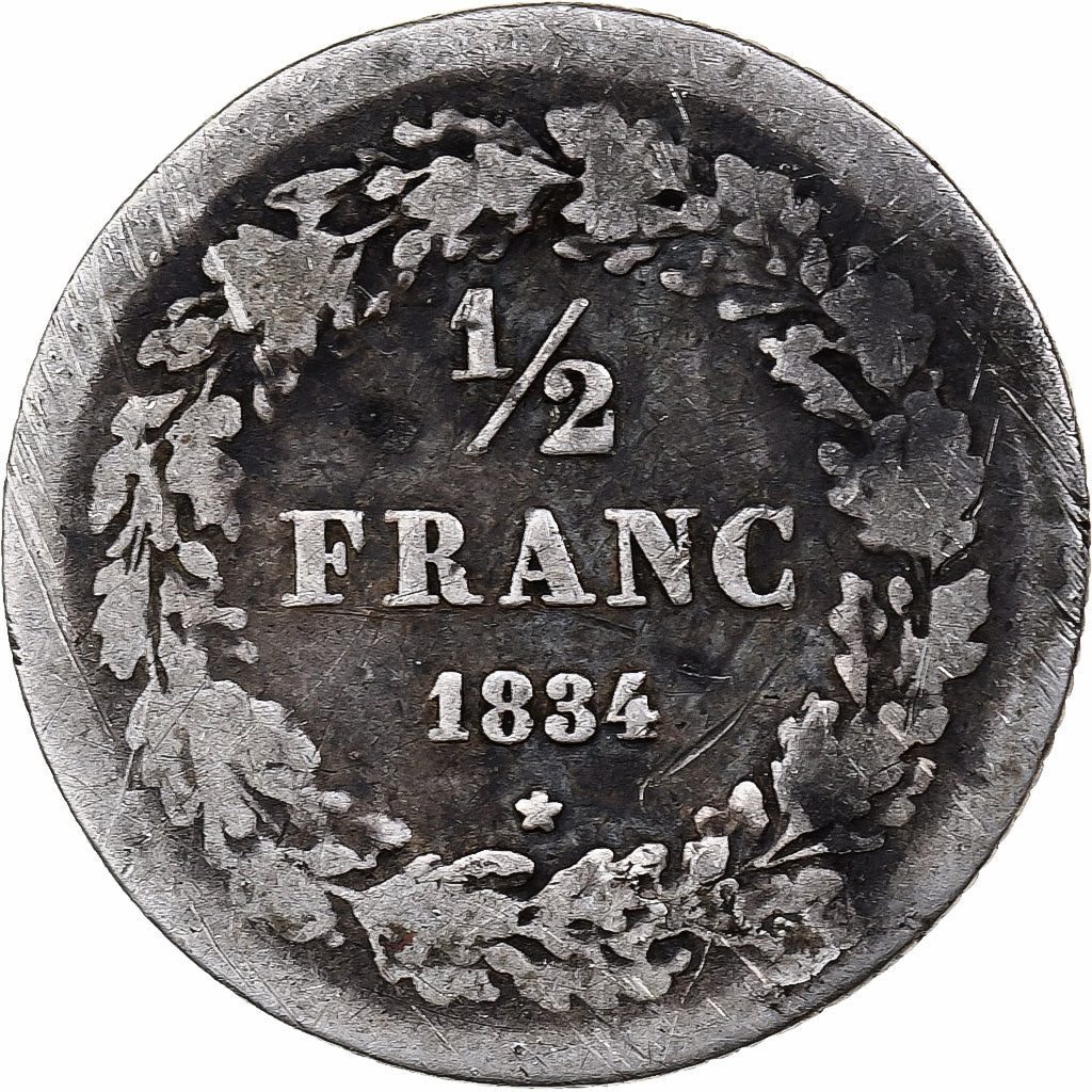 Belgio, Leopold I, 1/2 Franc, 1834, B+, Argento, KM:6