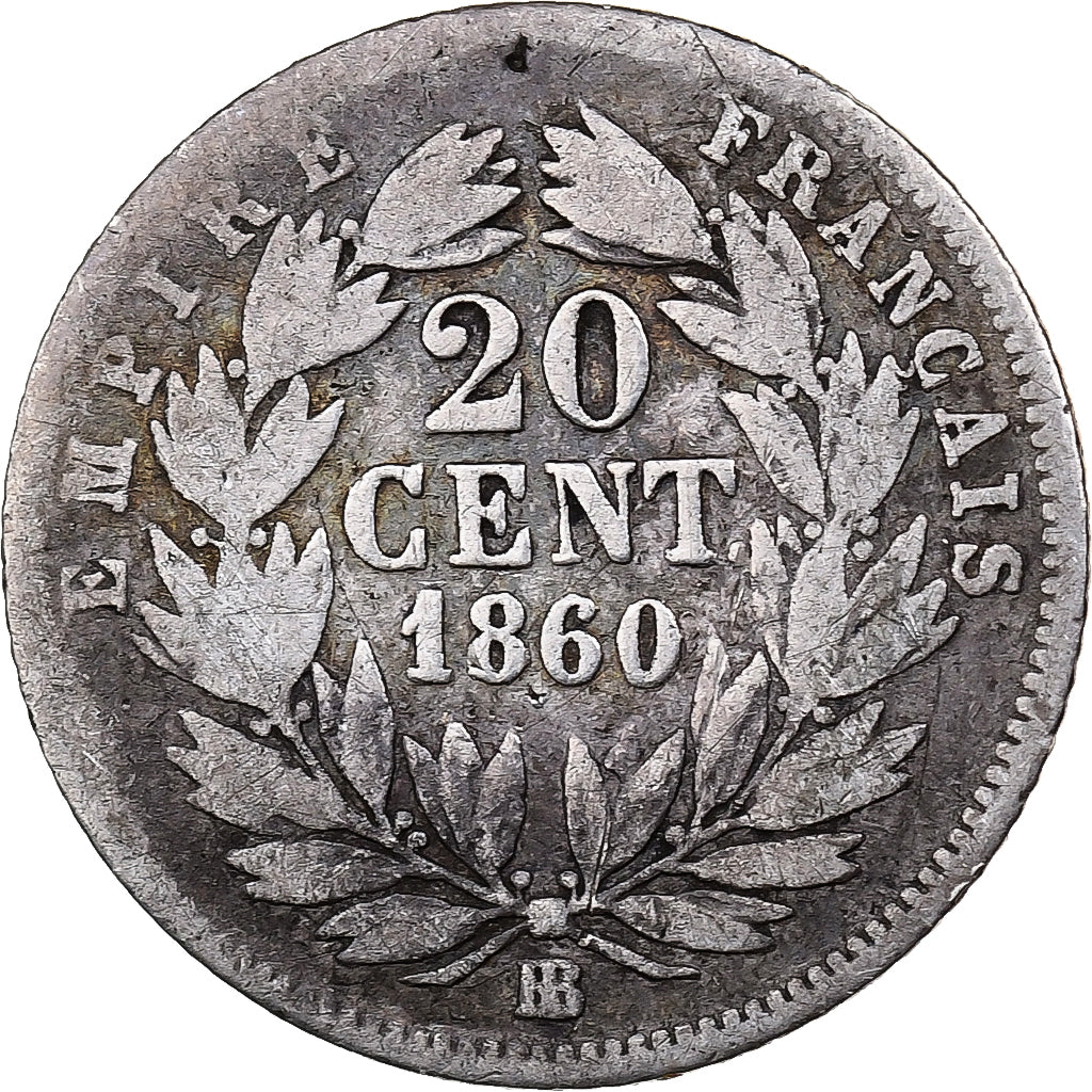 France, Napoleon III, 20 Centimes, 1860, Strasbourg, Silver, VF(20-25), KM:776.2