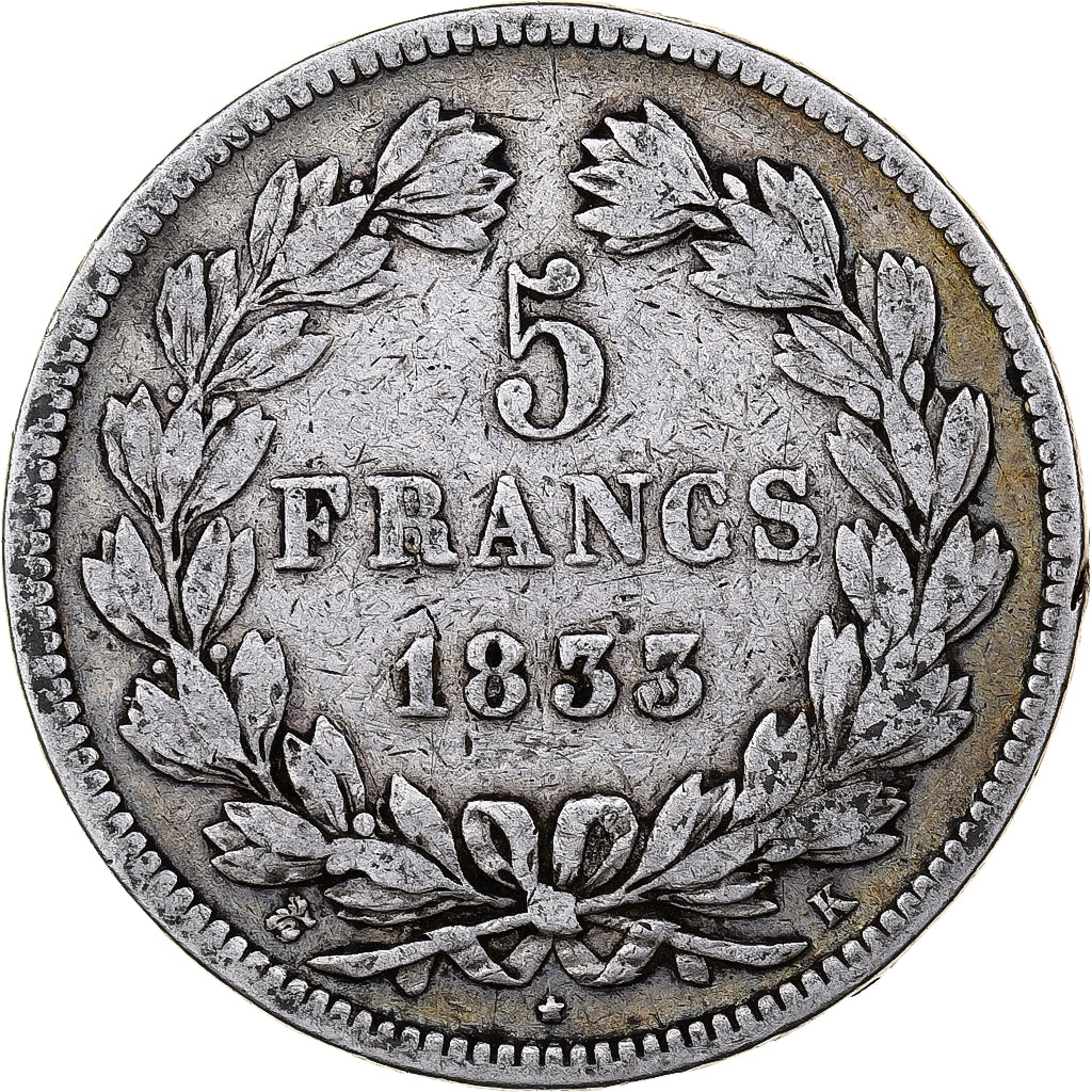 Moneta, Francia, Louis-Philippe, 5 Francs, 1833, Bordeaux, MB+, Argento