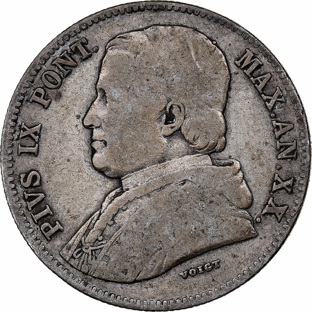 ITALIAN STATES, PAPAL STATES, Pius IX, 20 Baiocchi, 1865, Rome, Silver