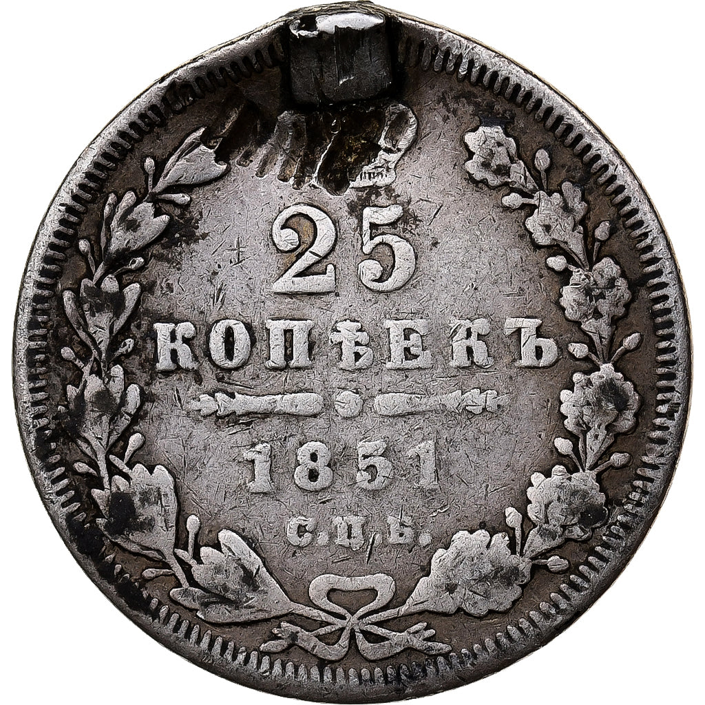 Rusia, Nicholas I, 25 Kopeks, 1851, Saint Petersburg, Plata, BC+, KM:166.1