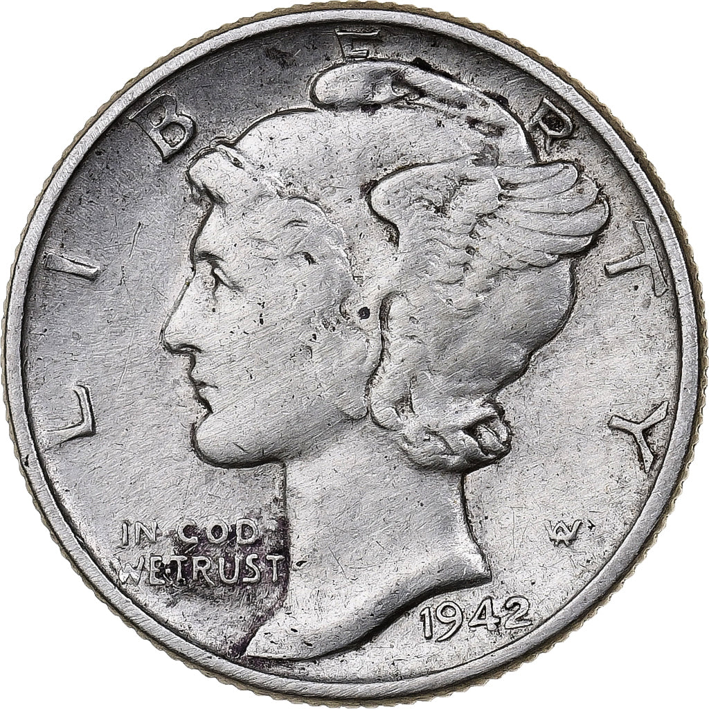 USA, Dime, Mercury Dime, 1942, Philadelphia, Srebro, EF(40-45), KM:140
