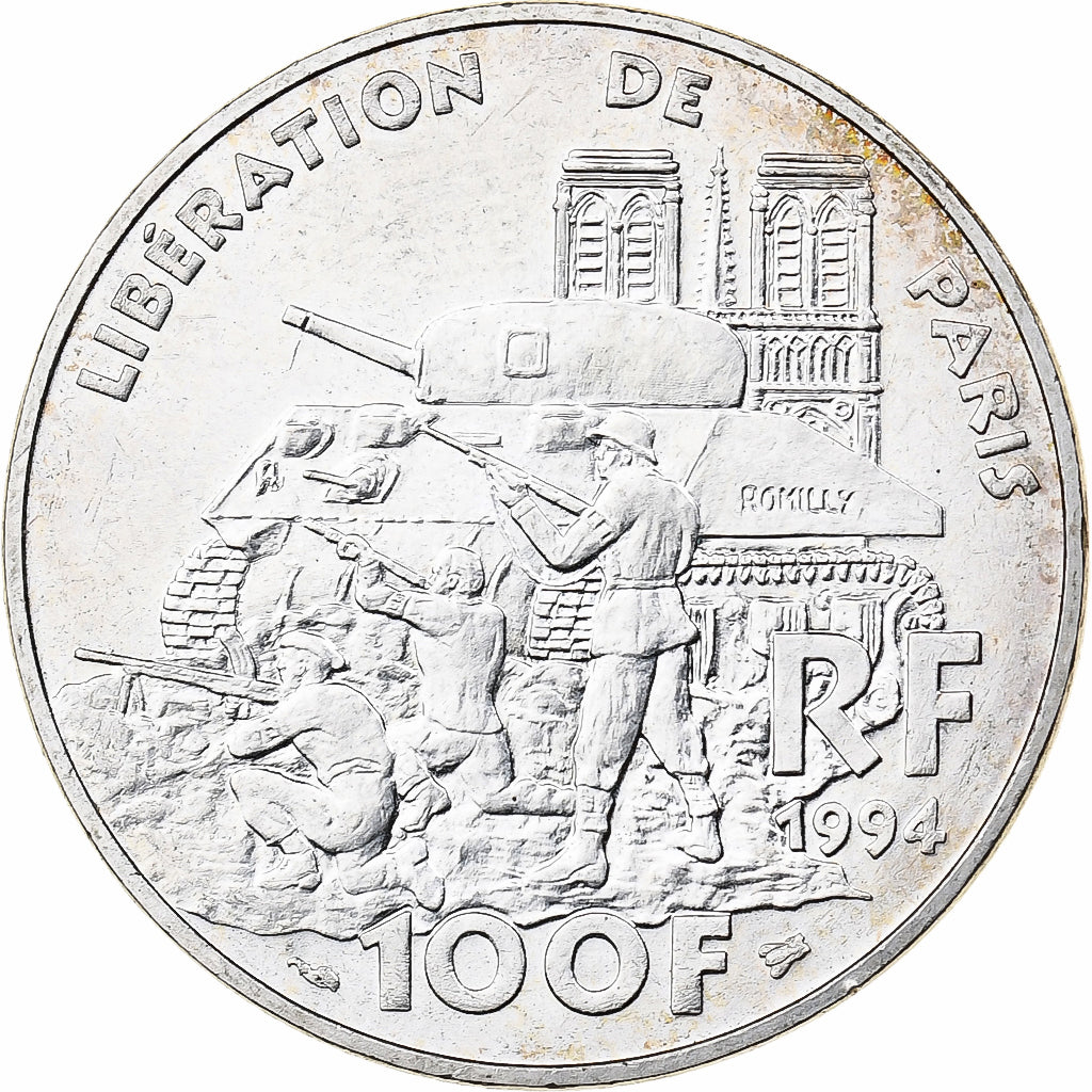 France, Libération de Paris, 100 Francs, 1994, AU(50-53), Silver, KM:1045.1