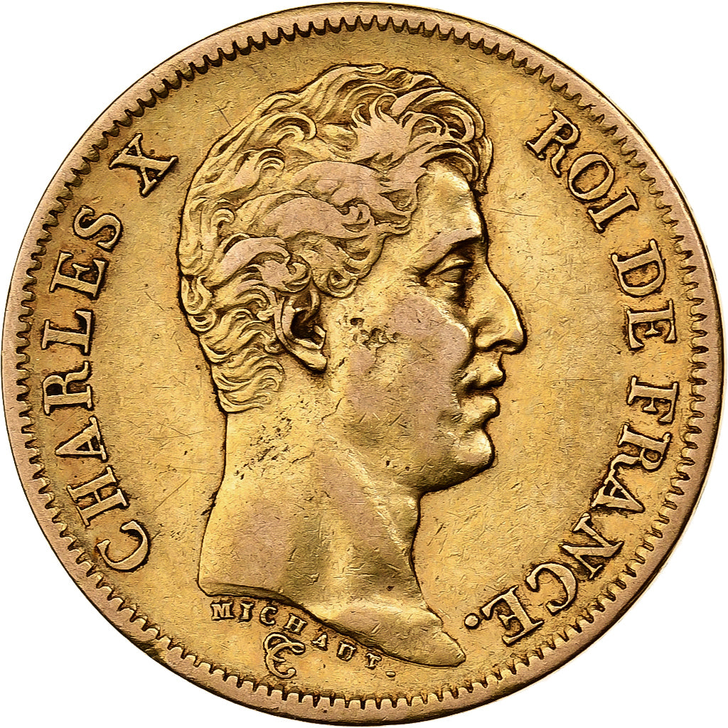 Moneta, Francja, Charles X, 40 Francs, 1824, Paris, AU(50-53), Złoto, KM:721.1