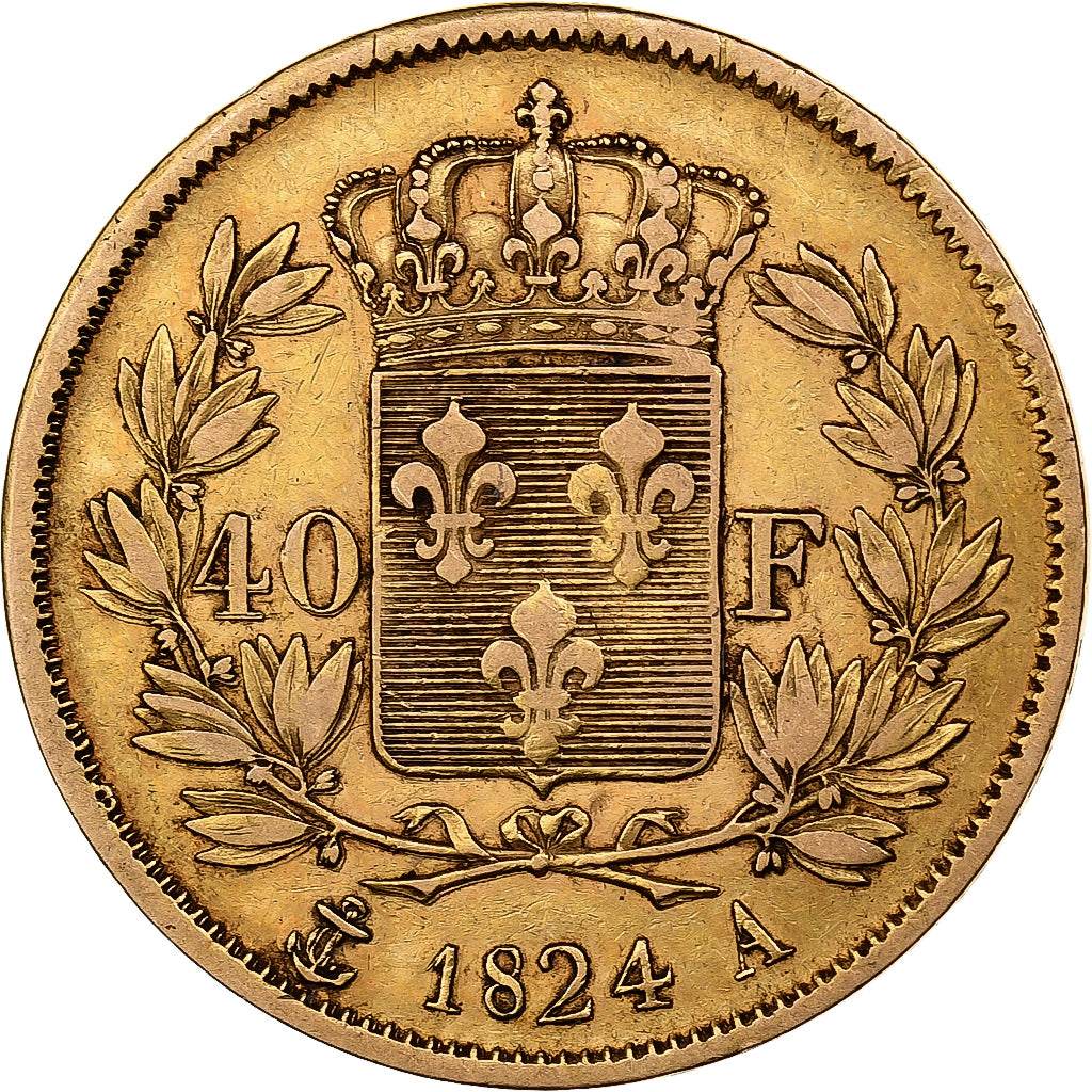 Moneta, Francja, Charles X, 40 Francs, 1824, Paris, AU(50-53), Złoto, KM:721.1