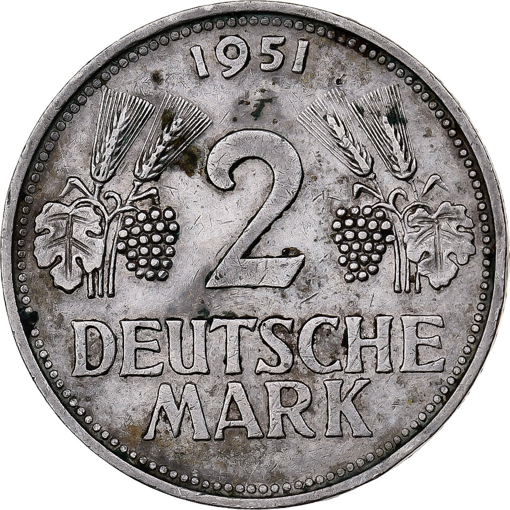 GERMANY - FEDERAL REPUBLIC, 2 Mark, 1951, Munich, Copper-nickel, AU(50-53)