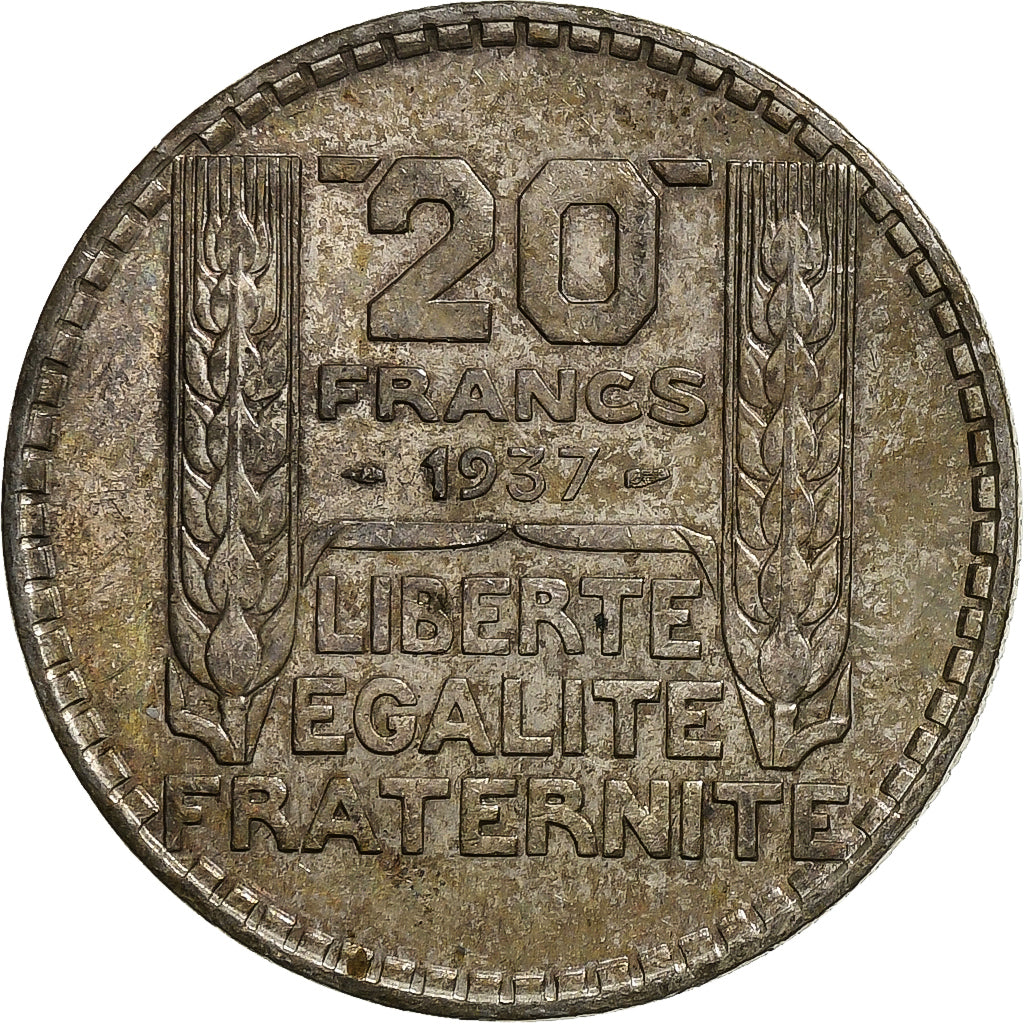 France, Turin, 20 Francs, 1937, Paris, AU(55-58), Silver, KM:879, Gadoury:852