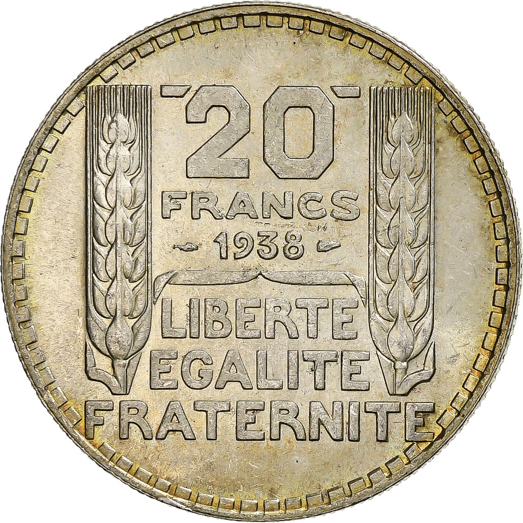 France, 20 Francs, Turin, 1938, Paris, Silver, AU(55-58), Gadoury:852, KM:879