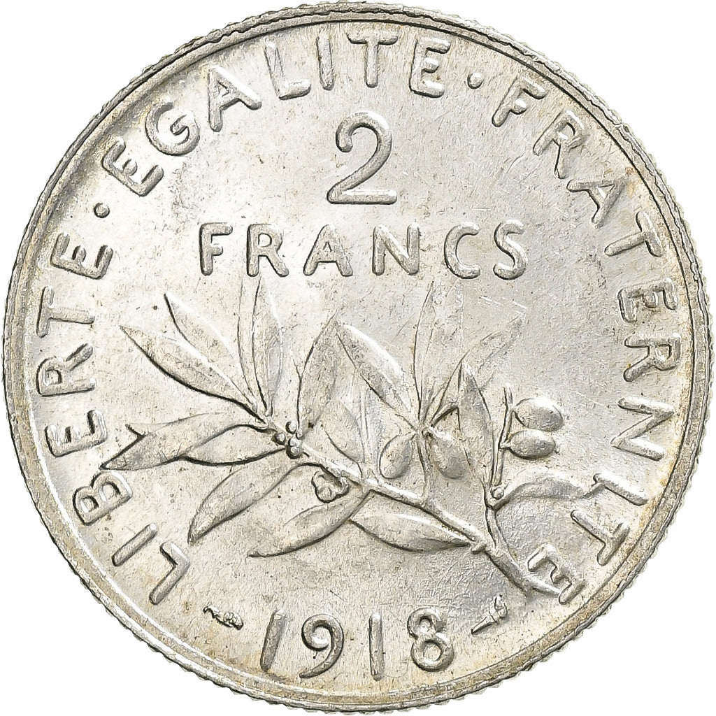 France, 2 Francs, Semeuse, 1918, Paris, Silver, MS(60-62), Gadoury:532, KM:845.1