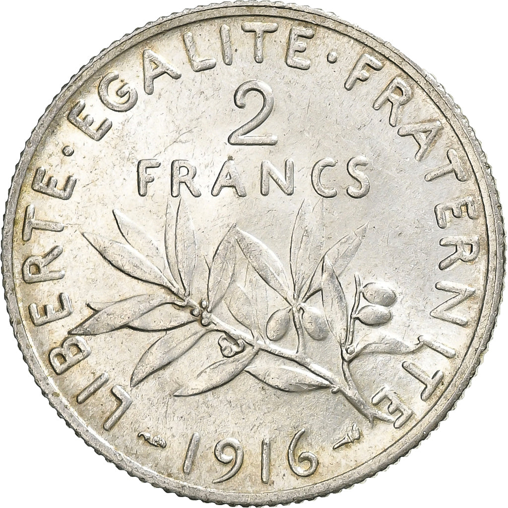 Moneda, Francia, Semeuse, 2 Francs, 1916, Paris, EBC+, Plata, KM:845.1