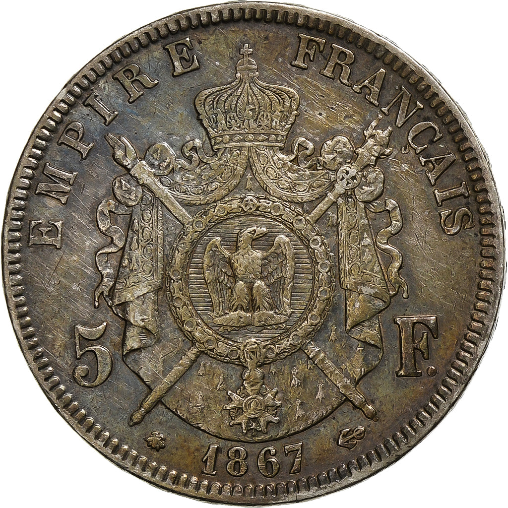 Munten, Frankrijk, Napoleon III, 5 Francs, 1867, Paris, ZF+, Zilver, Gadoury:739