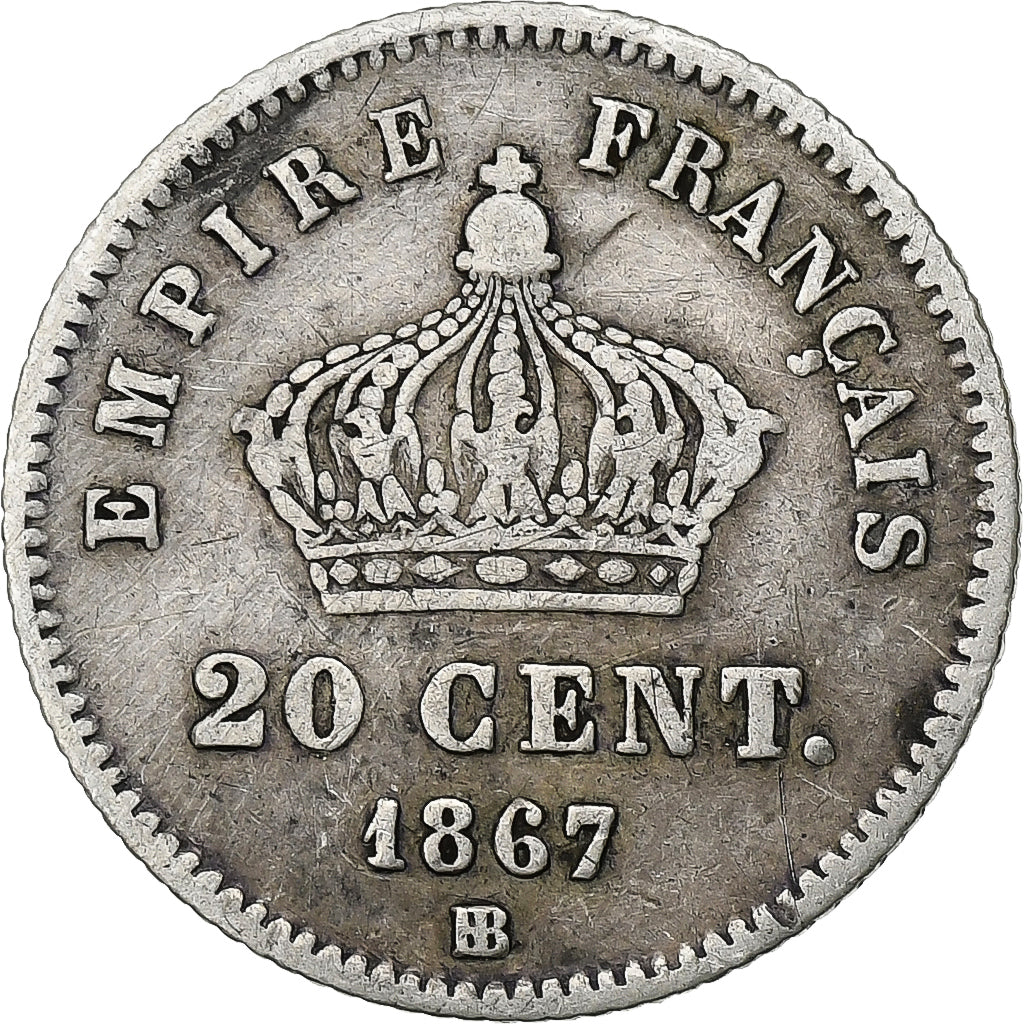 Francia, Napoleon III, 20 Centimes, 1867, Strasbourg, Argento, BB, Gadoury:309