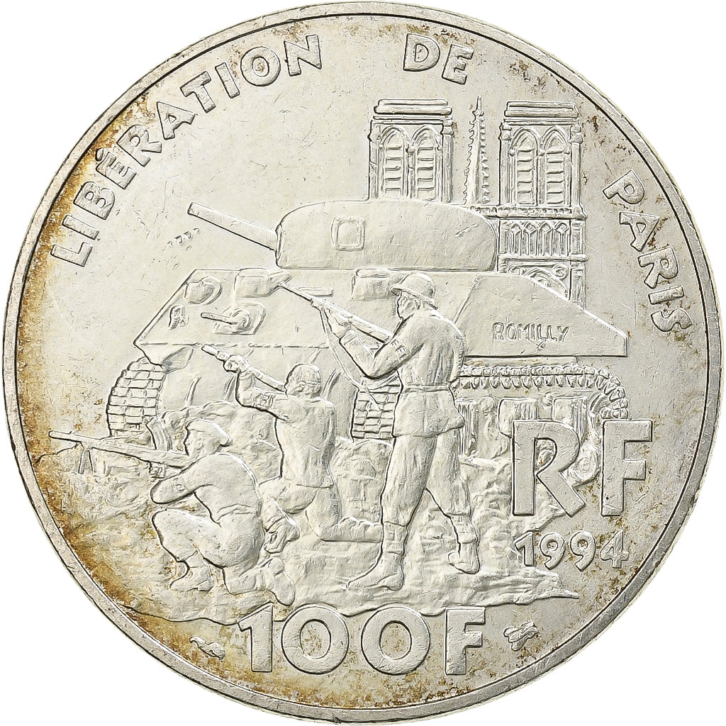 France, Libération de Paris, 100 Francs, 1994, AU(50-53), Silver, KM:1045.1