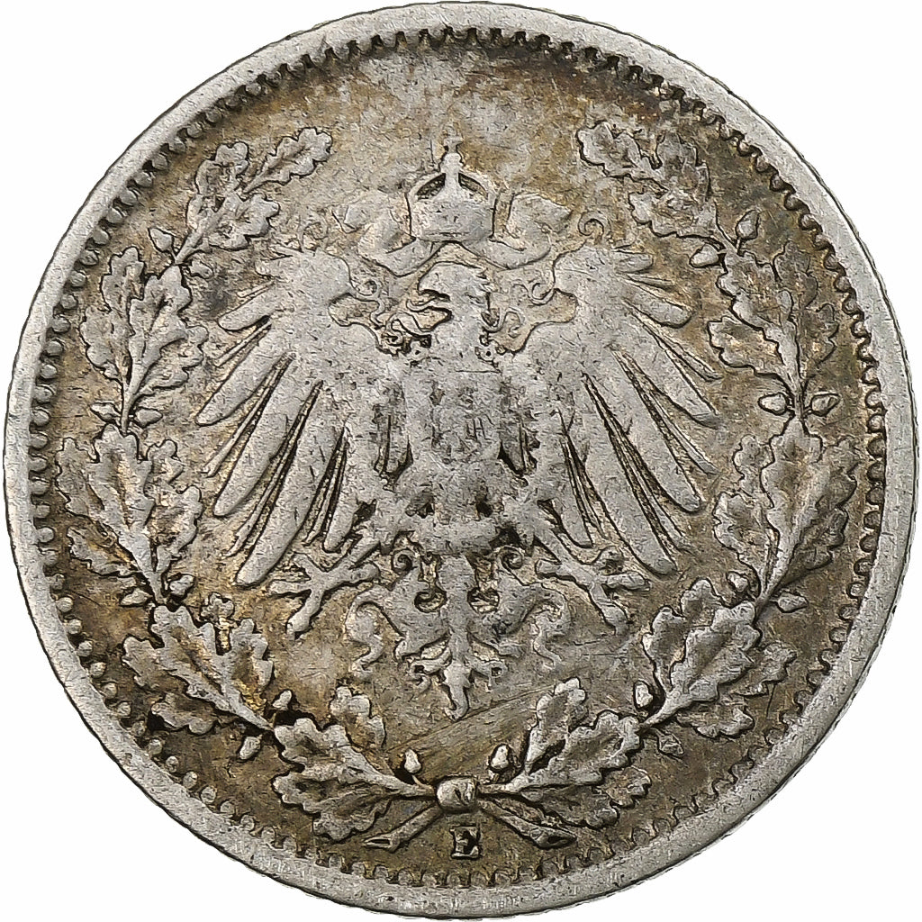 ALEMANIA - IMPERIO, 1/2 Mark, 1906, Muldenhütten, Plata, BC+, KM:17