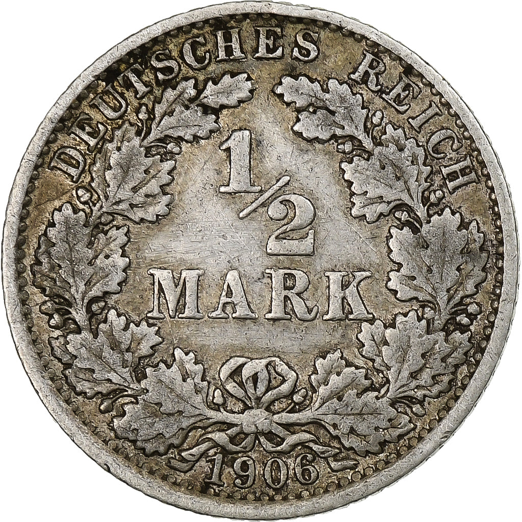 ALEMANIA - IMPERIO, 1/2 Mark, 1906, Muldenhütten, Plata, BC+, KM:17