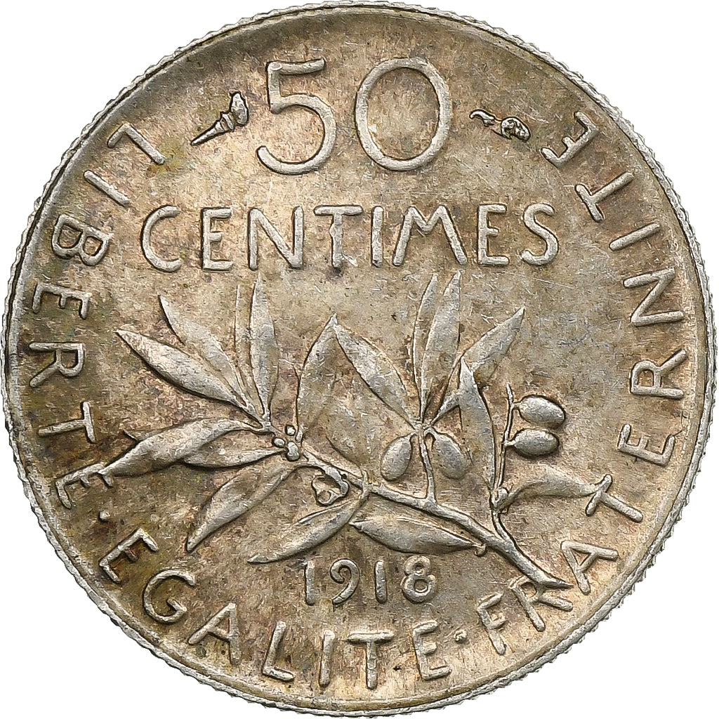 Frankreich, Semeuse, 50 Centimes, 1918, Paris, VZ+, Silber, KM:854, Gadoury:420