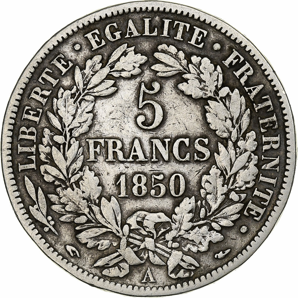 France, Cérès, 5 Francs, 1850, Paris, TB+, Argent, KM:761.1, Gadoury:719