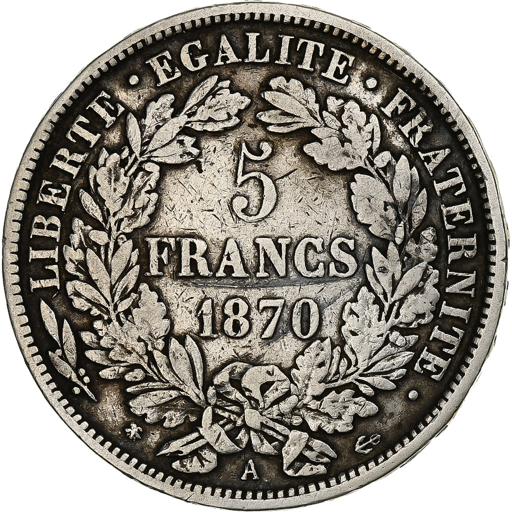 France, Cérès, 5 Francs, 1870, Paris, VF(30-35), Silver, KM:818.1, Gadoury:742