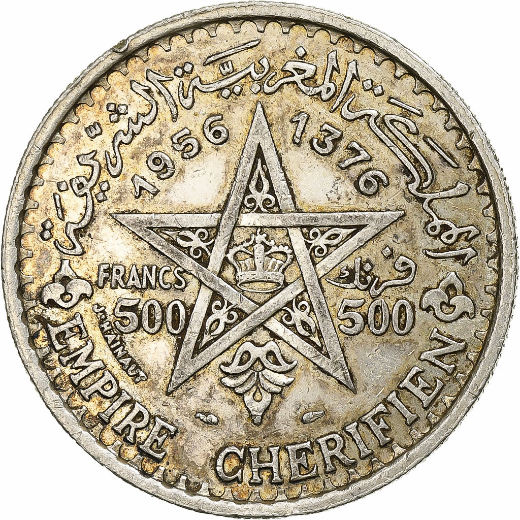 Moeda, Marrocos, Mohammed V, 500 Francs, 1956, Paris, AU(50-53), Prata, KM:54
