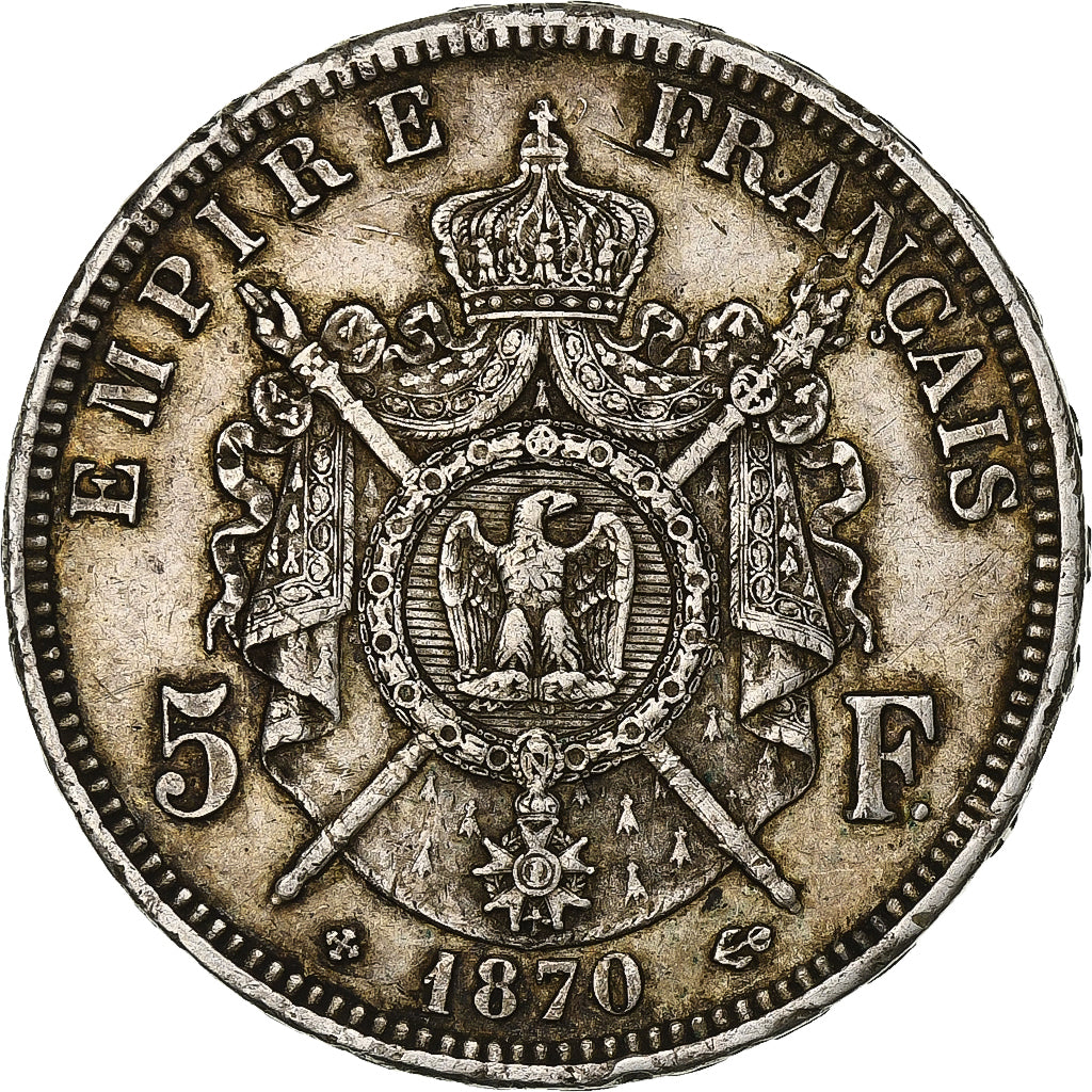France, Napoleon III, 5 Francs, 1870, Strasbourg, Silver, EF(40-45)