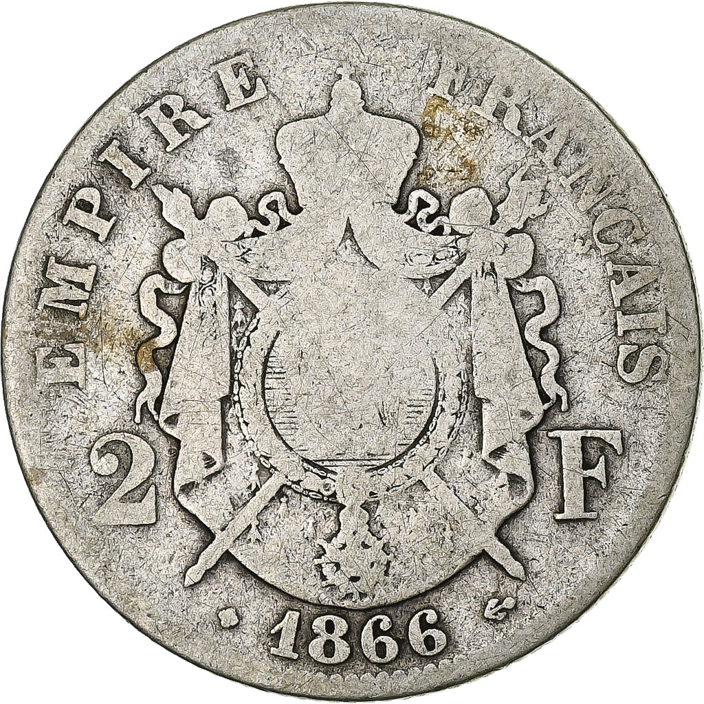France, Napoleon III, 2 Francs, 1866, Strasbourg, F(12-15), Silver, KM:807.2
