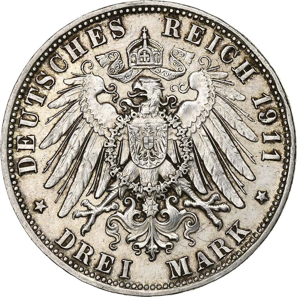 German States, BAVARIA, Otto, 3 Mark, 1911, Munich, Luitpold, Silver, AU(55-58)