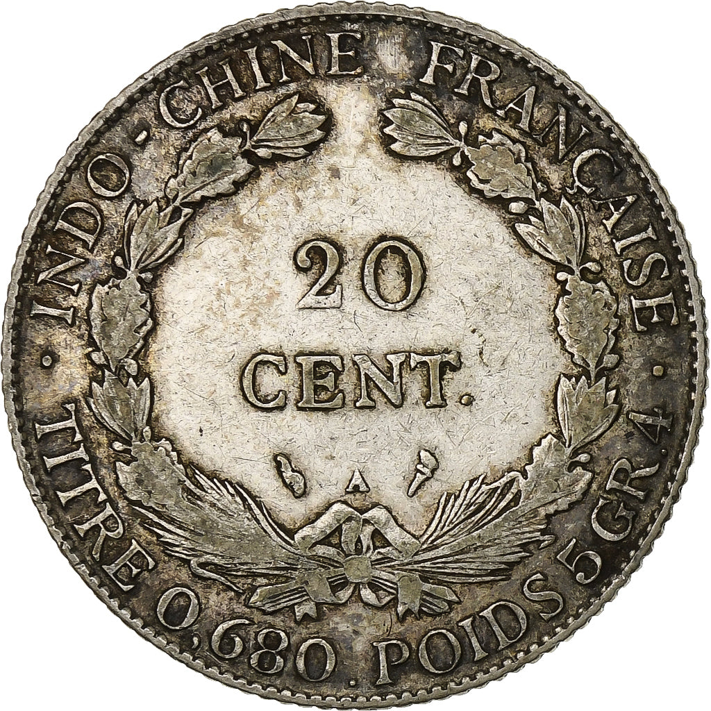 Moeda, INDOCHINA FRANCESA, 20 Cents, 1923, Paris, AU(50-53), Prata, KM:17.1